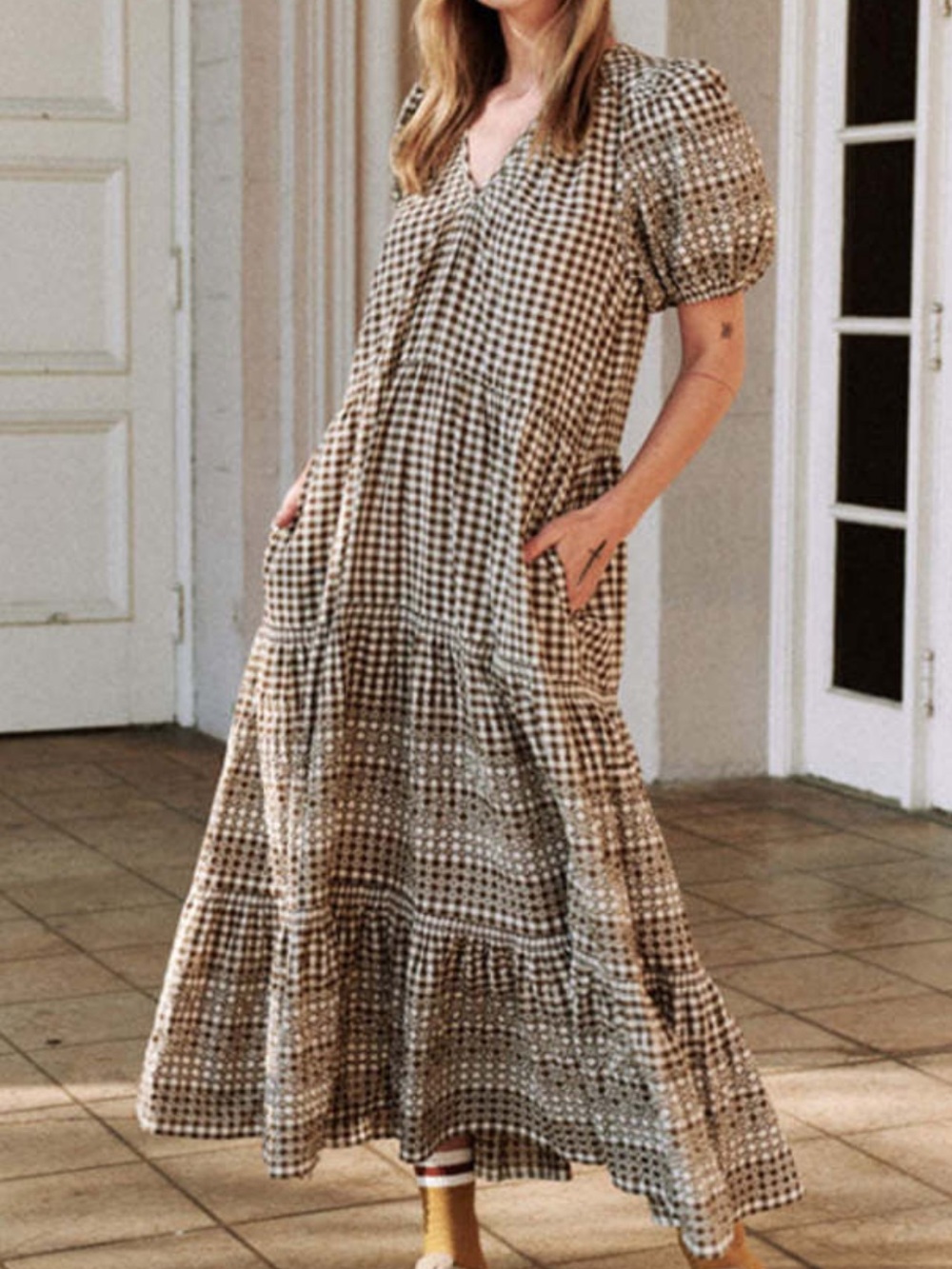 The Great Cross Stitch Dakota Brown Gingham Maxi Dress with Tie Waist size L - Picture 11 of 11